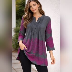 Reborn Women's Gray and Fuschia Embroidered Top Tunic Size L